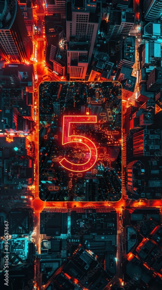 Obraz premium Aerial view of a vibrant city intersection illuminated with glowing red lights, highlighting the number 5 in the center.