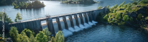 Aerial view of a dam surrounded by lush greenery and a serene river. The dam allows controlled water flow creating a scenic landscape.