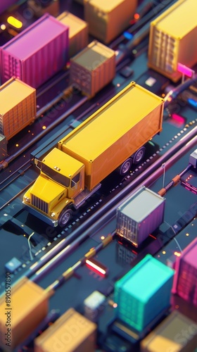 Colorful trucks and containers arranged in an organized fashion represent modern logistics and transportation management.