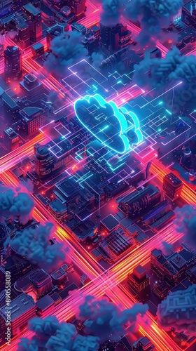 Futuristic cityscape with glowing neon lights and digital cloud icon hovering above in vibrant colors, showcasing modern technology.