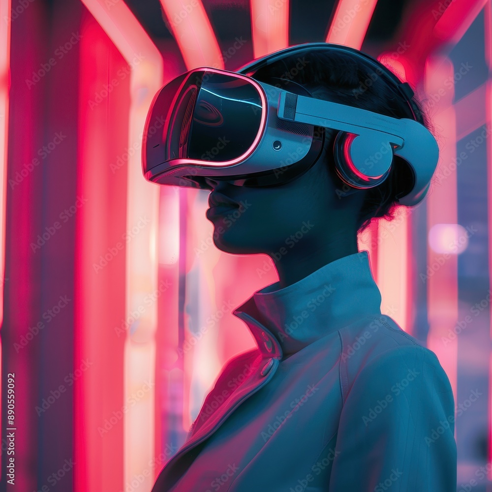 Person wearing virtual reality headset in neon lights. Futuristic tech concept with vibrant colors and modern atmosphere. Person wearing virtual reality headset in neon lights. Futuristic tech concept with vibrant colors and modern atmosphere.