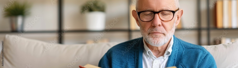 Elderly man in glasses reading a book on a cozy sofa in a well-decorated living room with plants and a bookshelf in the background. Elderly man in glasses reading a book on a cozy sofa in a well-decorated living room with plants and a bookshelf in the background.