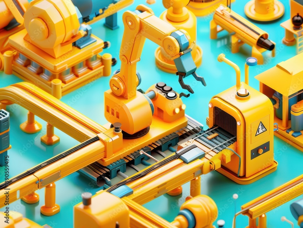 Yellow robotic automation assembly line in a factory with machinery and conveyor belts, showcasing modern manufacturing technology. Yellow robotic automation assembly line in a factory with machinery and conveyor belts, showcasing modern manufacturing technology.