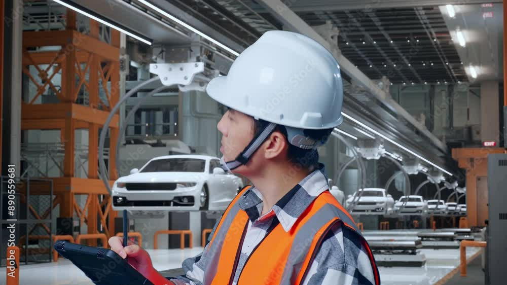 custom made wallpaper toronto digitalClose Up Side View Of Asian Male Engineer With Safety Helmet Taking Note On The Tablet And Looking Around While Standing In EV Car Factory