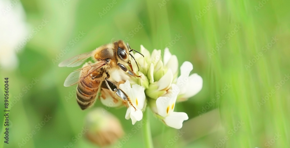 Bee collecting nectar from a white clover flower in a green field Bee collecting nectar from a white clover flower in a green field