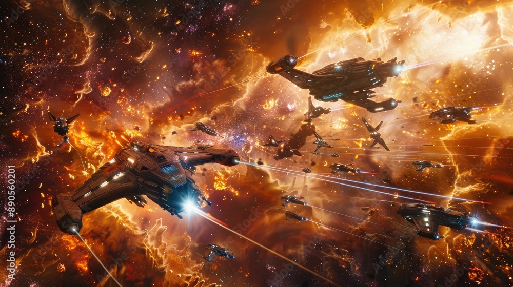 A space battle with ships maneuvering through a dense nebula, using its cover to their advantage. A space battle with ships maneuvering through a dense nebula, using its cover to their advantage.