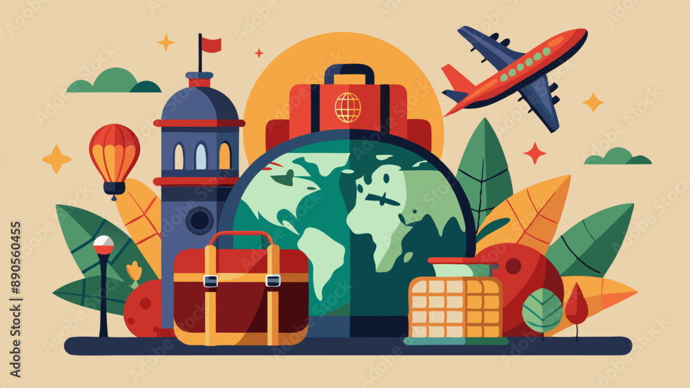 World Tourism Day concept with world map, plane and a bagpack, pastel colors World Tourism Day concept with world map, plane and a bagpack, pastel colors