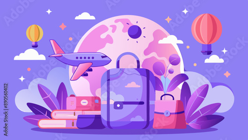 World Tourism Day concept with world map, plane and a bagpack, pastel colors