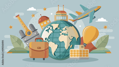 World Tourism Day concept with world map, plane and a bagpack, pastel colors