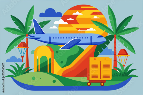 World Tourism Day concept with world map, plane and a bagpack, pastel colors