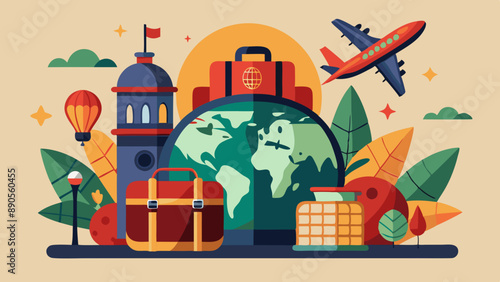 World Tourism Day concept with world map, plane and a bagpack, pastel colors