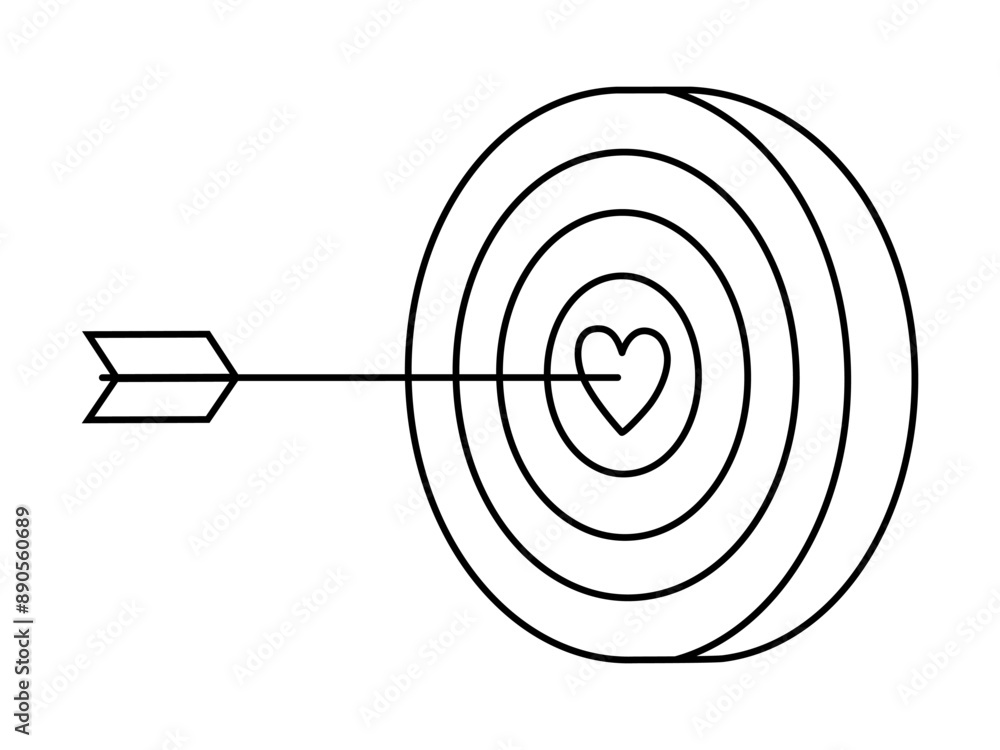 Hand drawn cute outline illustration arrow hit center of target with heart. Flat vector mutual feelings line art doodle style. Find perfect match icon. Dating online app print. Romantic love. Isolated Hand drawn cute outline illustration arrow hit center of target with heart. Flat vector mutual feelings line art doodle style. Find perfect match icon. Dating online app print. Romantic love. Isolated