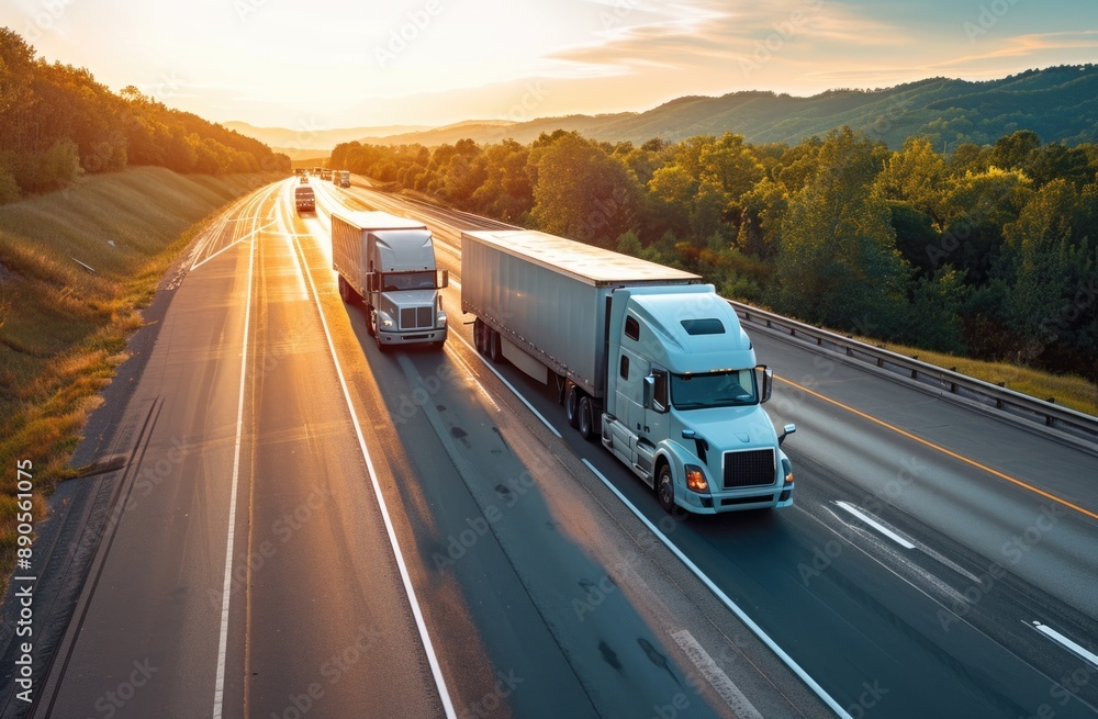 Two freight trucks driving on a highway at sunset, capturing the essence of long-haul transportation amidst a scenic landscape. Two freight trucks driving on a highway at sunset, capturing the essence of long-haul transportation amidst a scenic landscape.