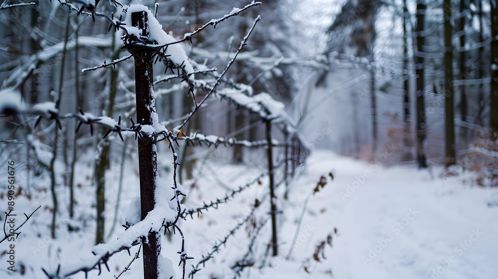 custom made wallpaper toronto digitalBarbed Wire Fence in a Snowy Forest Creating a Stark Winter Contrast. Ideal for articles on security, nature’s resilience, and border control. 