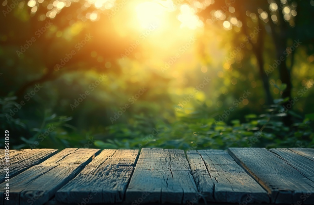 Wooden table in the woods with bokeh at sunset Wooden table in the woods with bokeh at sunset