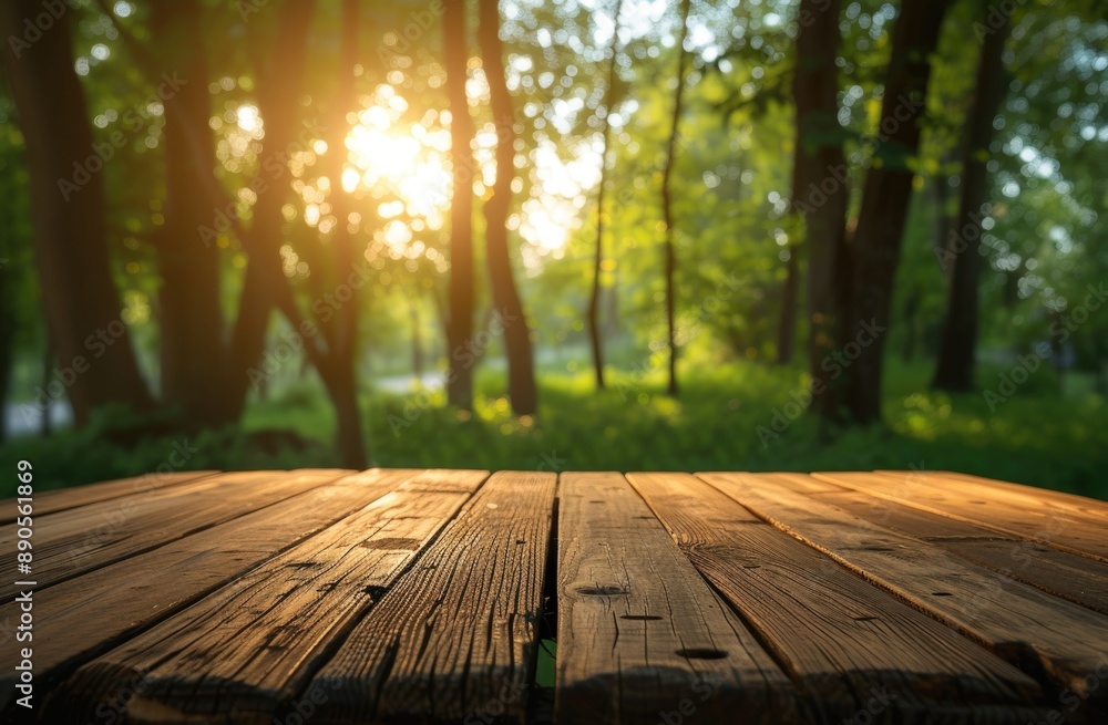 Wooden table with bleak woodland landscape behind Wooden table with bleak woodland landscape behind