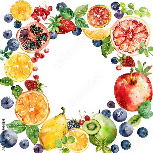  different fruits arranged around a big centered negative space on white background, empty space for text, watercolor © Jareerut
