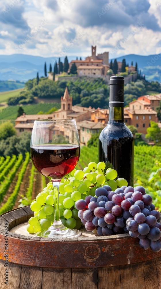 Obraz premium A glass of red wine sits on top of a barrel with green and purple grapes, overlooking a charming hilltop village with rolling hills in the background