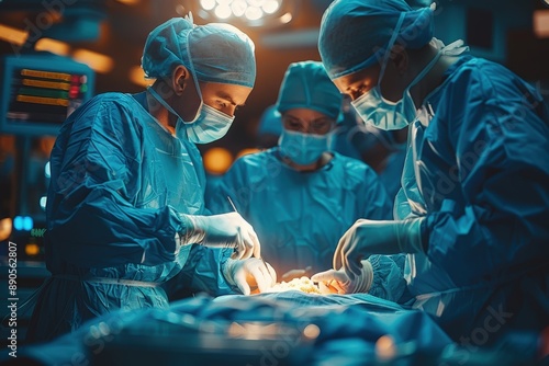 In an operating room illuminated with bright lights, a team of surgeons dressed in blue surgical attire is performing a medical operation, focusing intensely on their work.