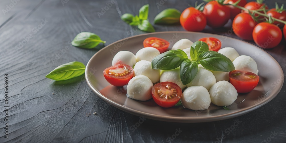 White balls of Italian soft cheese Mozzarella di Bufala Campana served with fresh green basil leaves and red tomato AI Generativ White balls of Italian soft cheese Mozzarella di Bufala Campana served with fresh green basil leaves and red tomato AI Generativ