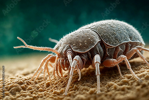 Close-up macro image of a single dust mite on a ground surface, showcasing detailed textures and features of the bug.
 photo