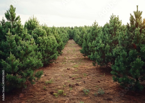 Scenic View of a Lush Christmas Tree Farm with Neatly Aligned Pine Trees Creating a Serene and Picturesque Natural Landscape