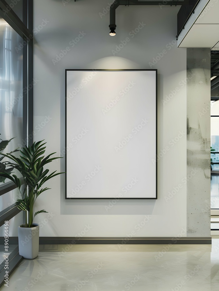 Blank white rectangular frame mounted on office lobby wall provides vast empty space for mockup designs and artistic creations. Blank white rectangular frame mounted on office lobby wall provides vast empty space for mockup designs and artistic creations.