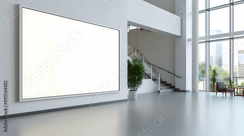 Blank white rectangular frame mounted on office lobby wall provides vast empty space for mockup designs and artistic creations. 