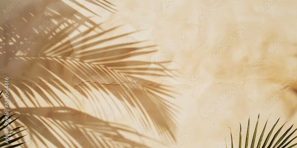 Fototapeta premium Shadow of palm leaves on a beige wall