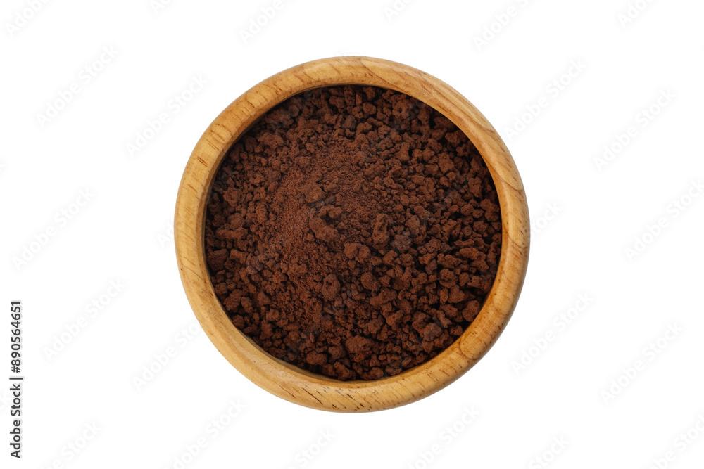 instant coffee powder in wooden bowl isolated on white background with clipping path.Top view instant coffee powder in wooden bowl isolated on white background with clipping path.Top view