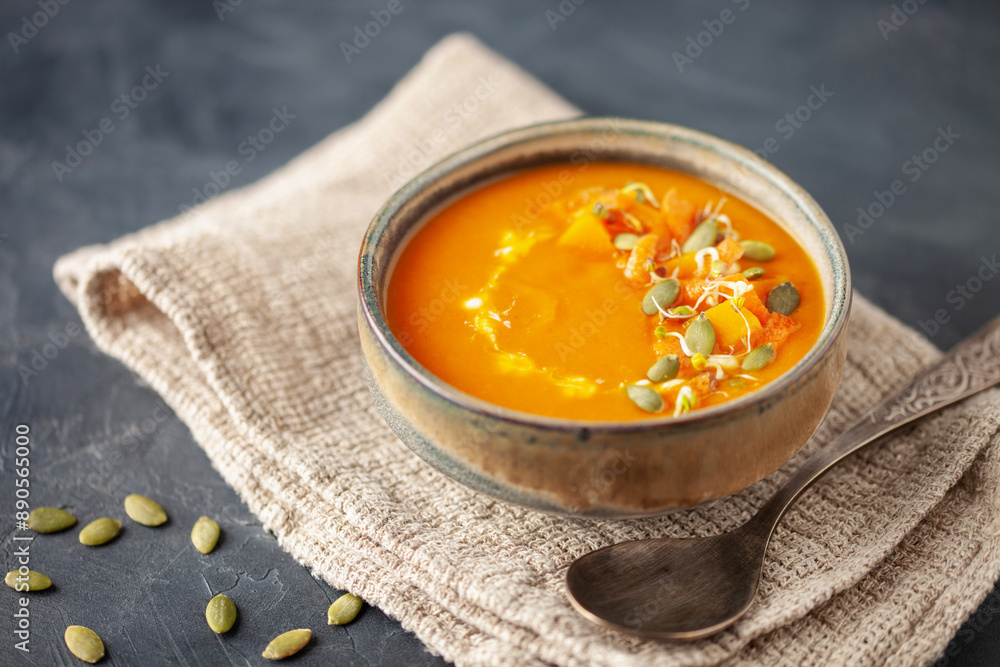 Vegetables pumpkin soup with ingredients. Dishes, food. Vegetables pumpkin soup with ingredients. Dishes, food.
