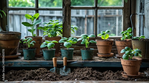 A collection of young potted plants arranged neatly on a rustic wooden windowsill. A small gardening trowel rests amidst scattered soil, indicating recent planting or maintenance work