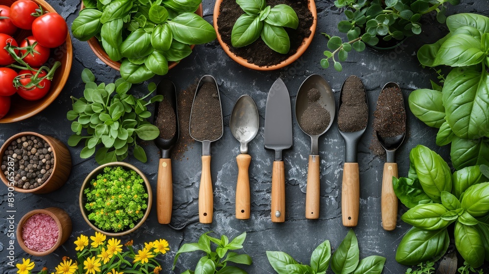 An assortment of gardening tools with wooden handles neatly arranged on a dark surface surrounded by pots of fresh basil and other herbs An assortment of gardening tools with wooden handles neatly arranged on a dark surface surrounded by pots of fresh basil and other herbs