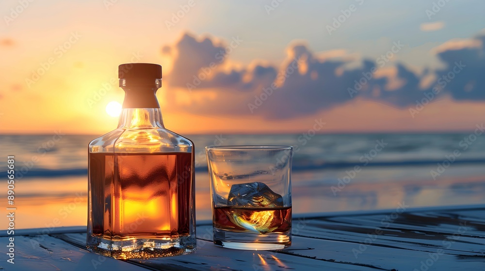 Bottle and glass of Whisky on a table with beach sea and sunset in background - Bottle and glass of Whisky on a table with beach sea and sunset in background -