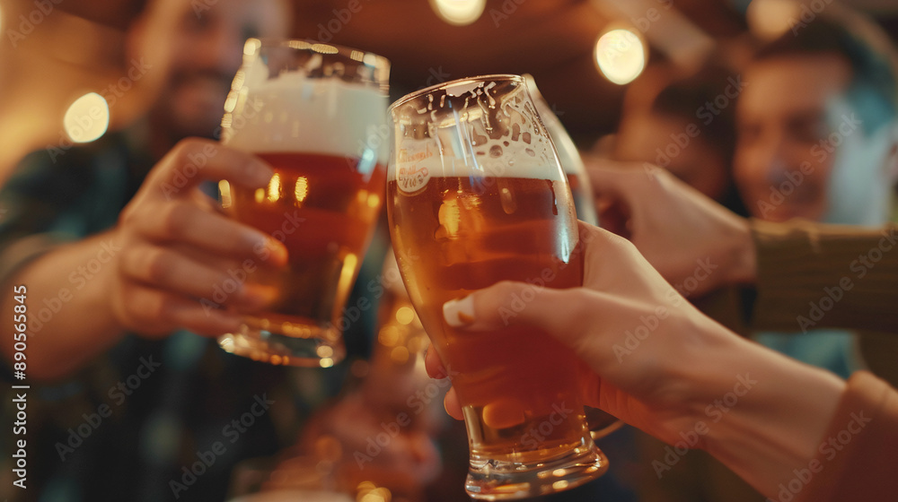 A group of friends toasting with pints of beer at a home party. Cozy atmosphere. A group of friends toasting with pints of beer at a home party. Cozy atmosphere.