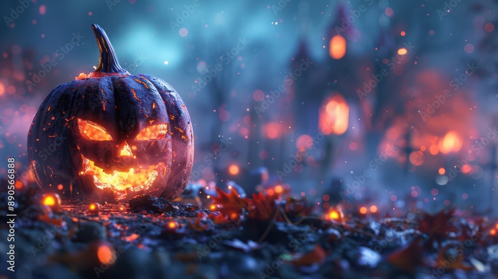 Glowing Jack-o'-lantern on Halloween Night. Mystical Garden with Enchanting Lights. Glowing Jack-o'-lantern on Halloween Night. Mystical Garden with Enchanting Lights.