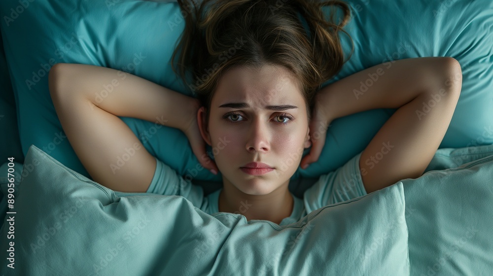 a woman in bed on a pillow suffers and cannot sleep, covers her ears with a pillow a woman in bed on a pillow suffers and cannot sleep, covers her ears with a pillow