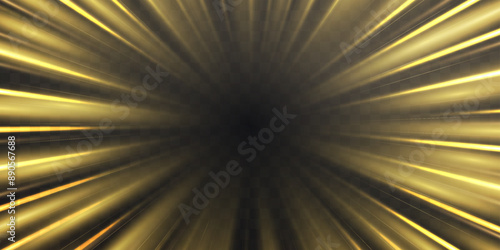 Radial speed rays, light neon flow, zoom in motion effect, gold glow speed lines, colorful light trails, perspective stripes. Abstract background, vector illustration.
