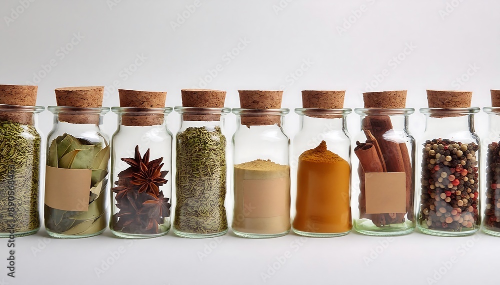 Isolated glass spice jars filled with colorful powders and whole seeds for healthy and flavorful cooking Isolated glass spice jars filled with colorful powders and whole seeds for healthy and flavorful cooking