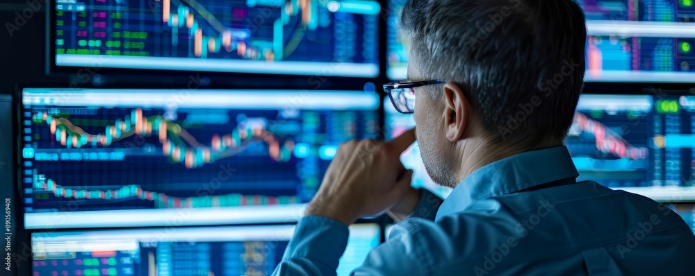 Stock market trader monitoring multiple screens filled with live trading data and colorful charts in a trading room Stock market trader monitoring multiple screens filled with live trading data and colorful charts in a trading room
