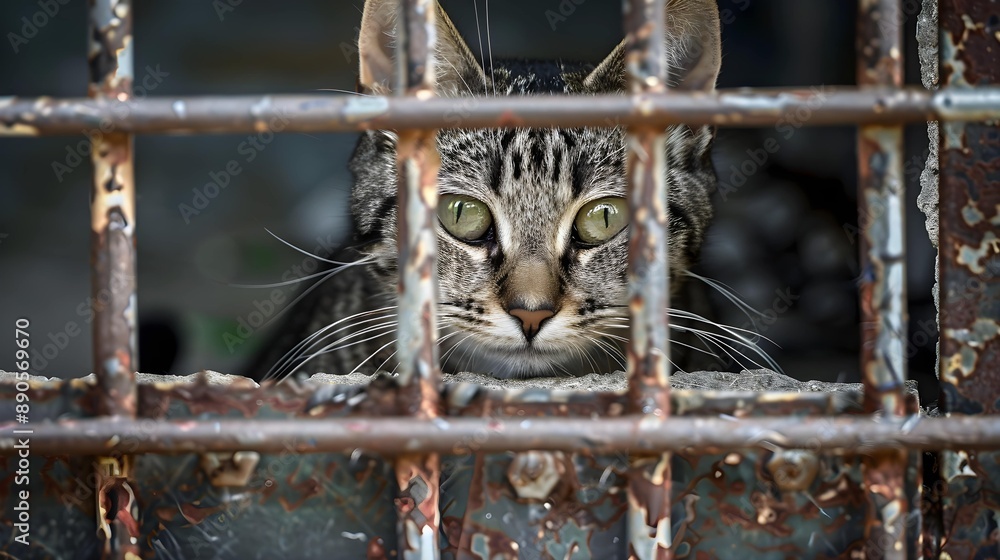 Cat peers through the metal bars of cage, symbolizing the plight of ...