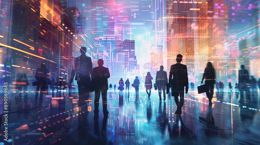 Fototapeta premium Motion-blurred silhouettes of business professionals in a dimly lit control room, surrounded by glowing digital screens