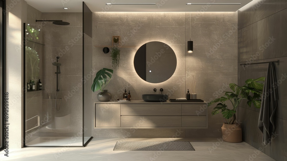 Minimalist bathroom with sleek black fixtures, a floating vanity, and a frameless glass shower enclosure