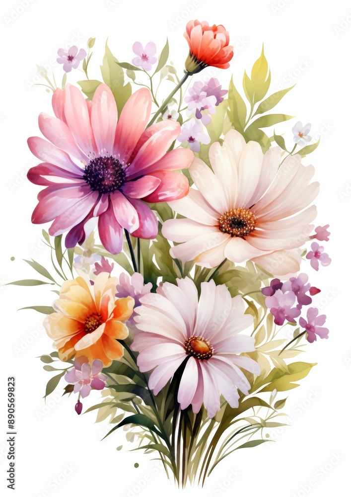 A beautiful bouquet of pink, white, and orange daisies with green leaves and stems. A beautiful bouquet of pink, white, and orange daisies with green leaves and stems.