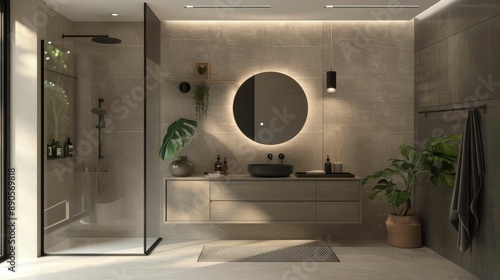 Obraz na płótnie Minimalist bathroom with sleek black fixtures, a floating vanity, and a frameless glass shower enclosure w salonie
