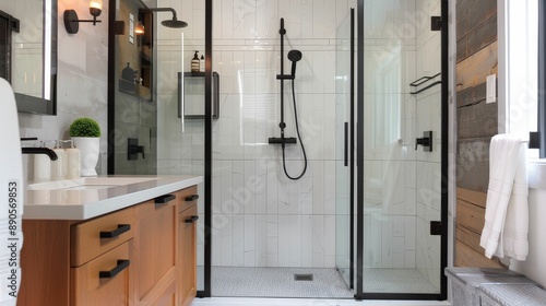 Minimalist bathroom featuring a walk-in shower with glass doors, sleek vanity, and matte black fixtures
