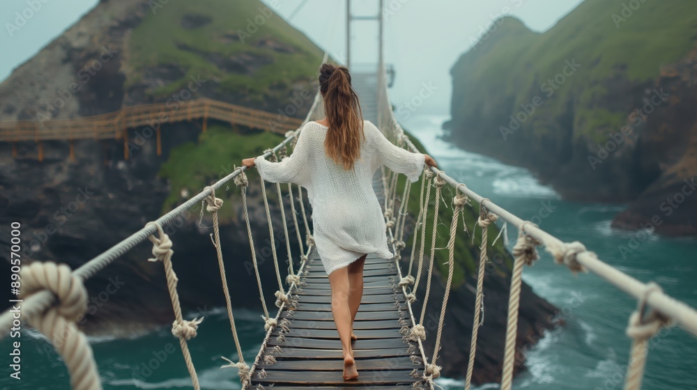 A woman wearing a white sweater walking barefoot on a suspension bridge over a body of water, with lush green cliffs in the background. A woman wearing a white sweater walking barefoot on a suspension bridge over a body of water, with lush green cliffs in the background.
