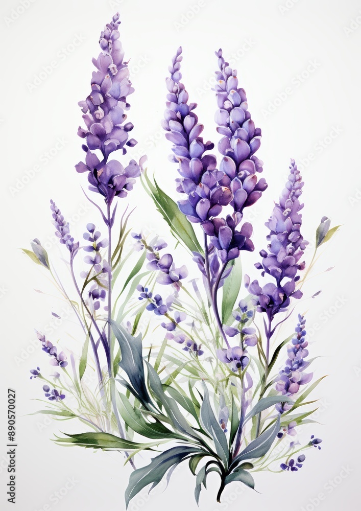 Naklejka premium Delicate watercolor painting of lavender flowers with green leaves on a white background.