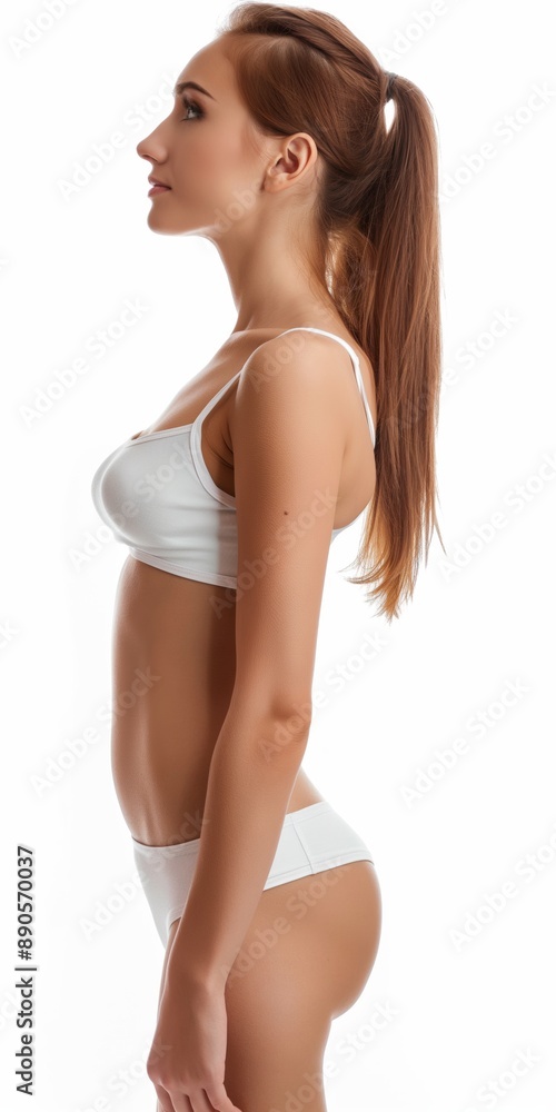 A woman with a white bra and white panties is standing in front of a white background. Concept of elegance and sophistication, as the woman's attire is both stylish and modest A woman with a white bra and white panties is standing in front of a white background. Concept of elegance and sophistication, as the woman's attire is both stylish and modest
