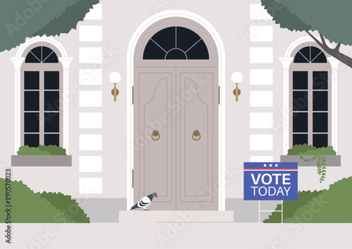 Election Day, A dove stands before a closed, double-door entrance on a suburban house, a Vote Today sign standing nearby